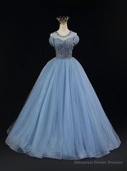 Blue Tulle Backless Beading Bow Prom Dress