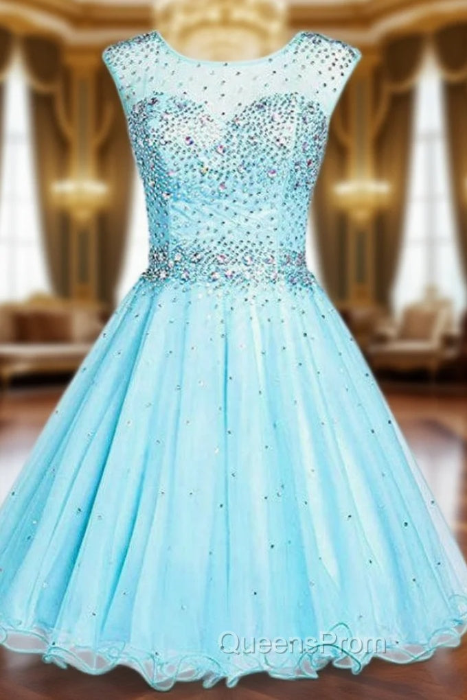 Blue Tulle Backless Beading Crystal Short Homecoming Party Dress Main image