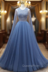 Blue Tulle Backless Beading Evening Prom Dress