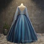 Blue Tulle Ball Gown Long Sweet 16 Dress With Lace Applique, Evening Prom Dress
