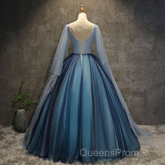 Blue Tulle Ball Gown Long Sweet 16 Dress With Lace Applique, Evening Prom Dress