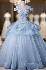 Blue Tulle Ball Gown Off Shoulder Layers Sweet 16 Dress, Blue Evening Dress with Lace
