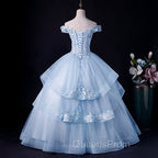 Blue Tulle Ball Gown Off Shoulder Layers Sweet 16 Dress, Blue Evening Dress with Lace