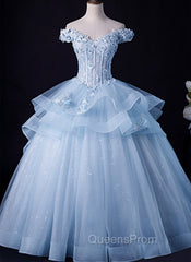 Blue Tulle Ball Gown Off Shoulder Layers Sweet 16 Dress, Blue Evening Dress with Lace