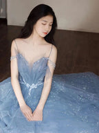 Blue Gorgeous Tulle Beaded Long A-Line Ball Gown Classy Evening Dress