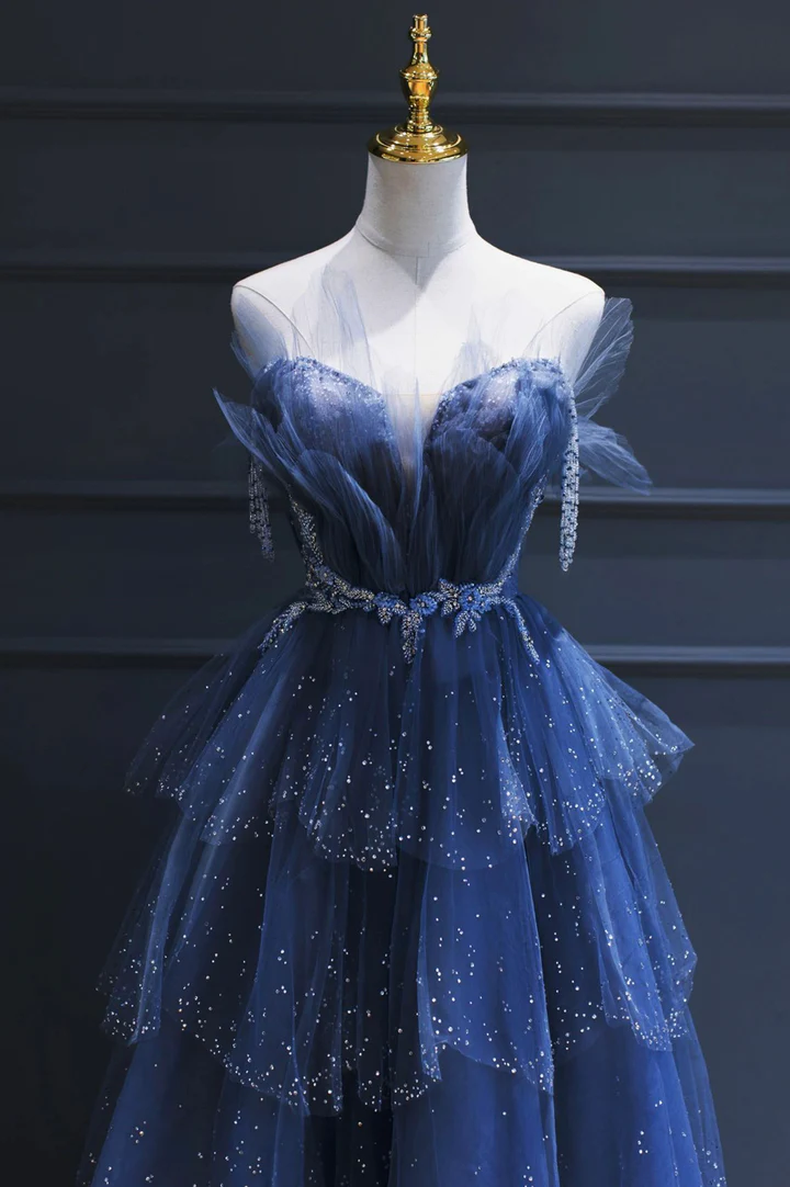 Blue Gorgeous Tulle Beaded Long A-Line Ball Gown Classy Evening Dress