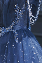Blue Gorgeous Tulle Beaded Long A-Line Ball Gown Classy Evening Dress