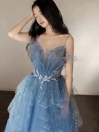 Blue Gorgeous Tulle Beaded Long A-Line Ball Gown Classy Evening Dress