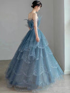 Blue Gorgeous Tulle Beaded Long A-Line Ball Gown Classy Evening Dress