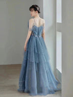 Blue Gorgeous Tulle Beaded Long A-Line Ball Gown Classy Evening Dress