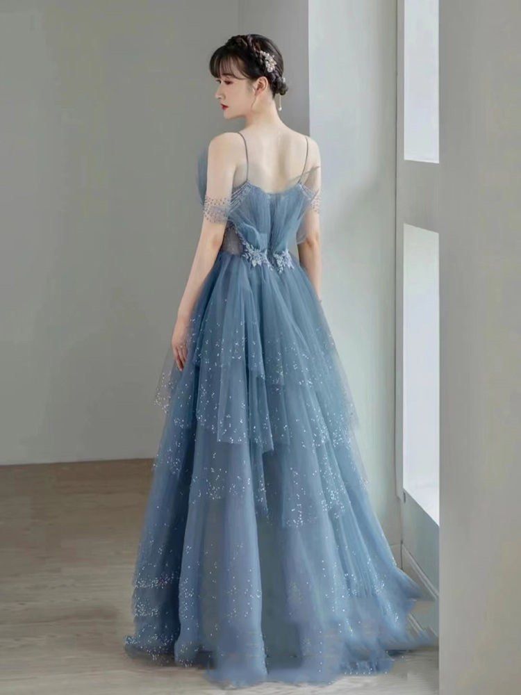 Blue Gorgeous Tulle Beaded Long A-Line Ball Gown Classy Evening Dress