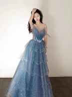 Blue Gorgeous Tulle Beaded Long A-Line Ball Gown Classy Evening Dress