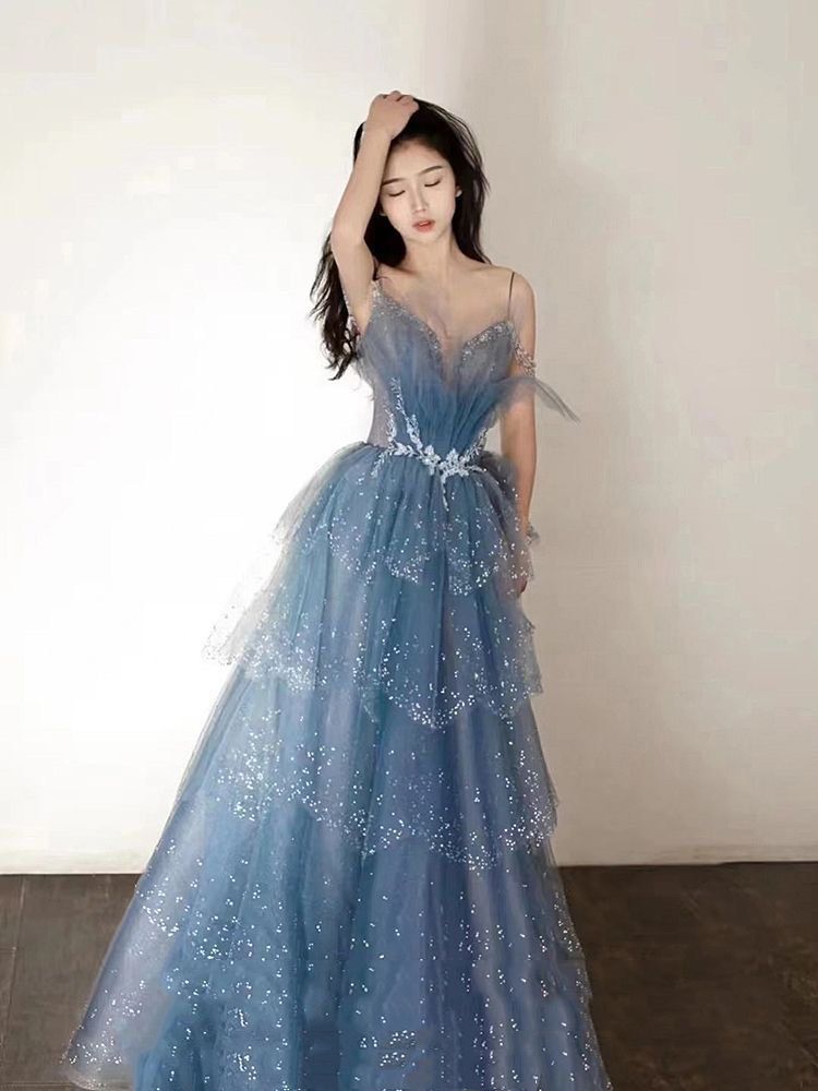 Blue Gorgeous Tulle Beaded Long A-Line Ball Gown Classy Evening Dress