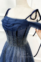 Blue Tulle Beaded Long A-Line Evening Prom Dress, Blue Spaghetti Straps Evening Dress