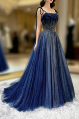 Blue Tulle Beaded Long A-Line Evening Prom Dress, Blue Spaghetti Straps Evening Dress