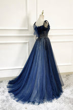 Blue Tulle Beaded Long A-Line Evening Prom Dress, Blue Spaghetti Straps Evening Dress