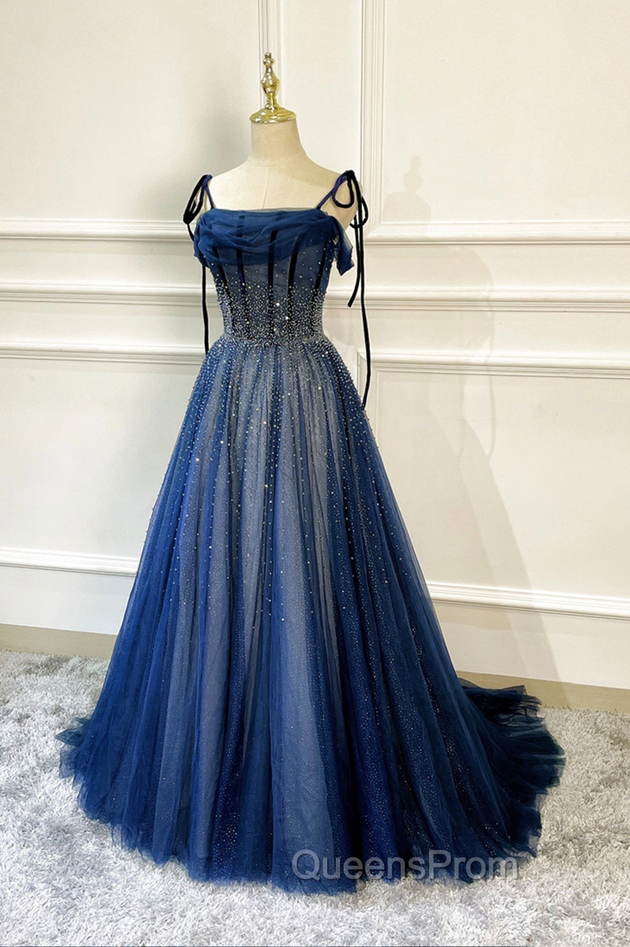 Blue Tulle Beaded Long A-Line Evening Prom Dress, Blue Spaghetti Straps Evening Dress
