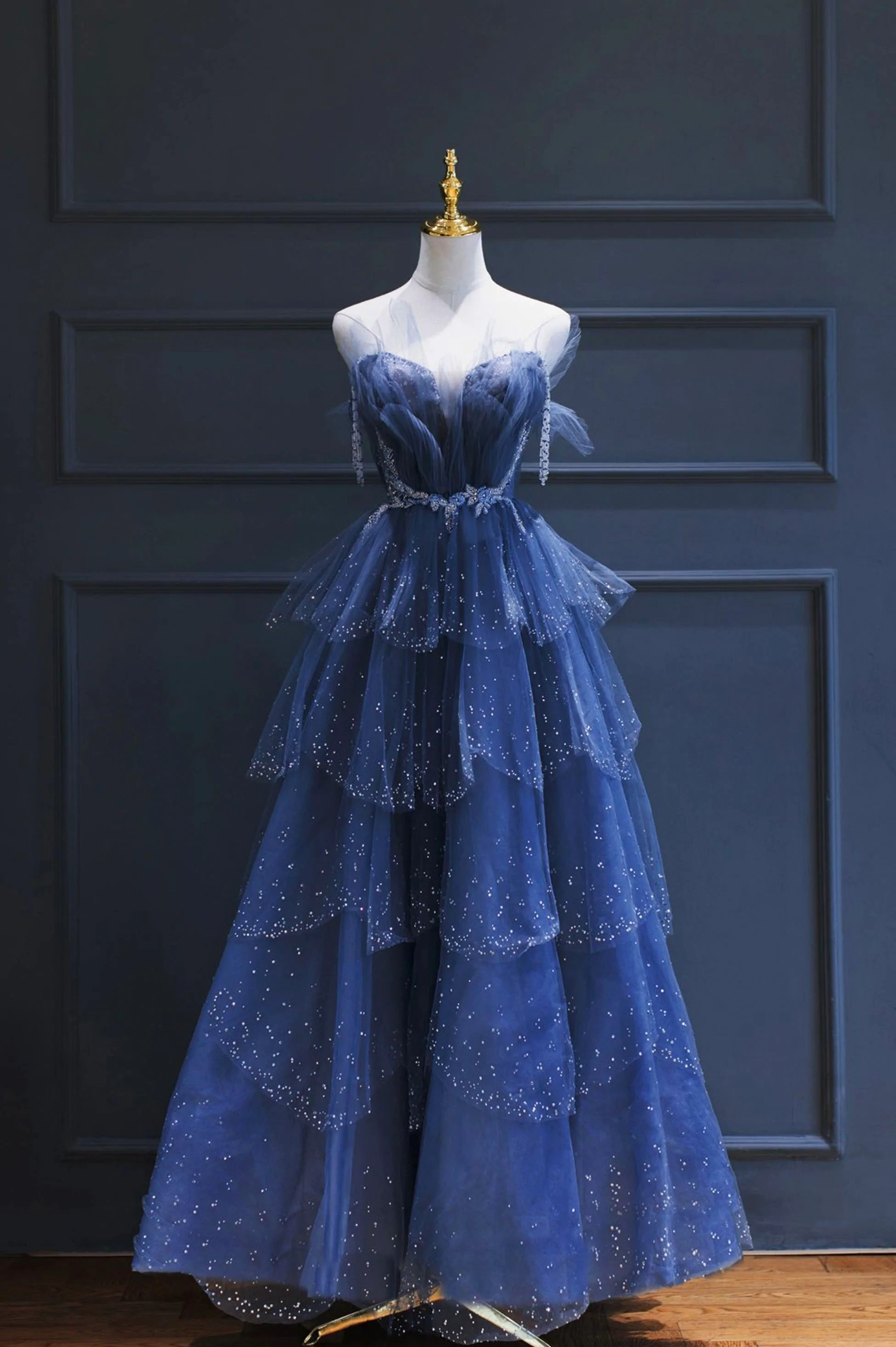 Blue Gorgeous Tulle Beaded Long A-Line Ball Gown Classy Evening Dress Main image
