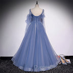 Blue Tulle Beaded Long Evening Dress Party Dress, A-line Wedding Party Dress