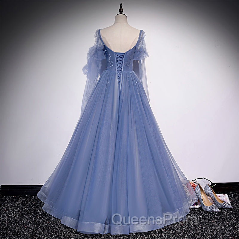 Blue Tulle Beaded Long Evening Dress Party Dress, A-line Wedding Party Dress