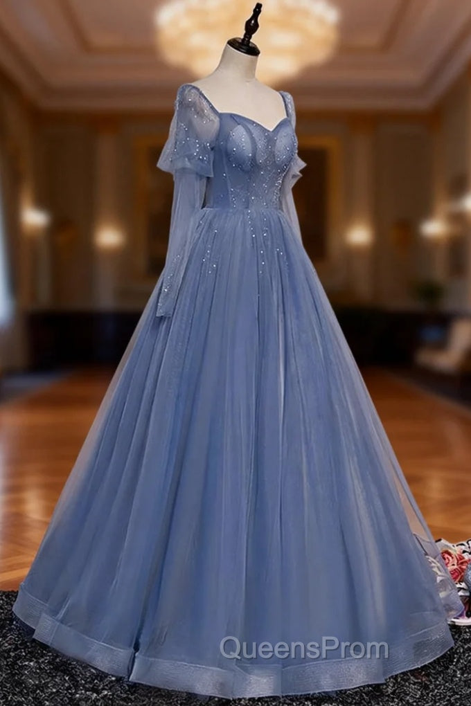Blue Tulle Beaded Long Evening Dress Party Dress, A-line Wedding Party Dress