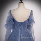 Blue Tulle Beaded Long Evening Dress Party Dress, A-line Wedding Party Dress