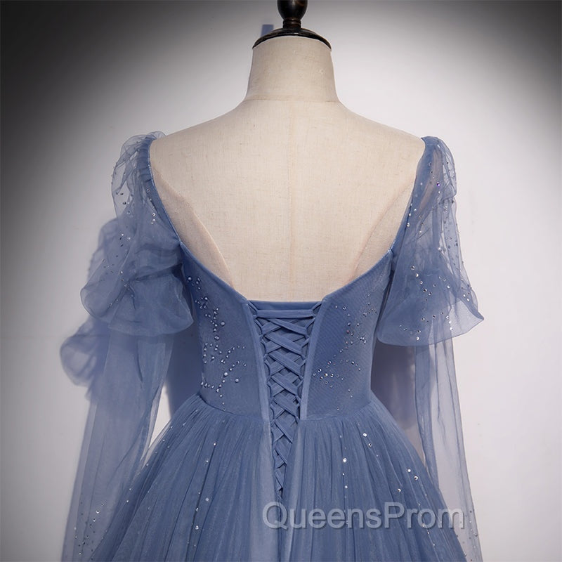Blue Tulle Beaded Long Evening Dress Party Dress, A-line Wedding Party Dress