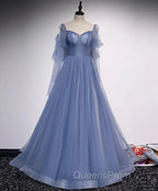 Blue Tulle Beaded Long Evening Dress Party Dress, A-line Wedding Party Dress