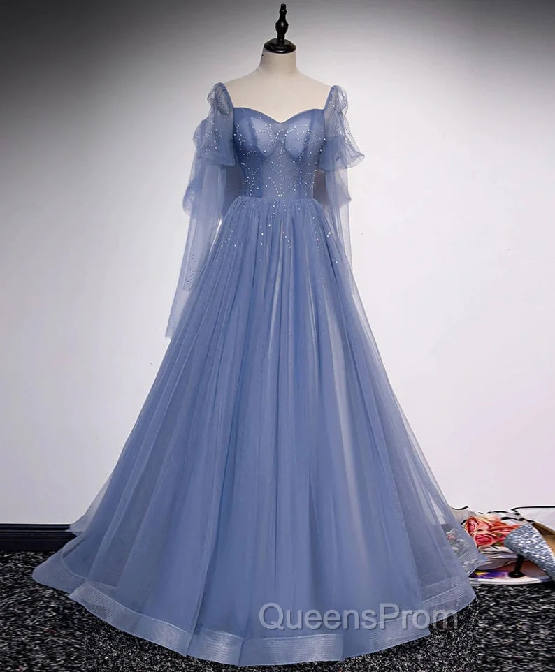 Blue Tulle Beaded Long Evening Dress Party Dress, A-line Wedding Party Dress