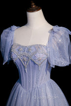 Blue Tulle Beaded Long Evening Prom Dress, A-Line Blue Evening Party Dress