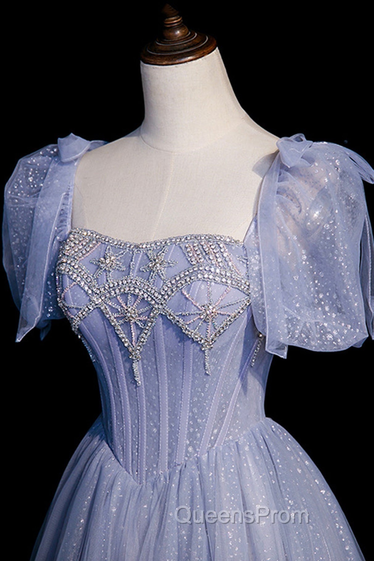 Blue Tulle Beaded Long Evening Prom Dress, A-Line Blue Evening Party Dress