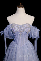Blue Tulle Beaded Long Evening Prom Dress, A-Line Blue Evening Party Dress