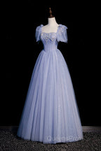Blue Tulle Beaded Long Evening Prom Dress, A-Line Blue Evening Party Dress