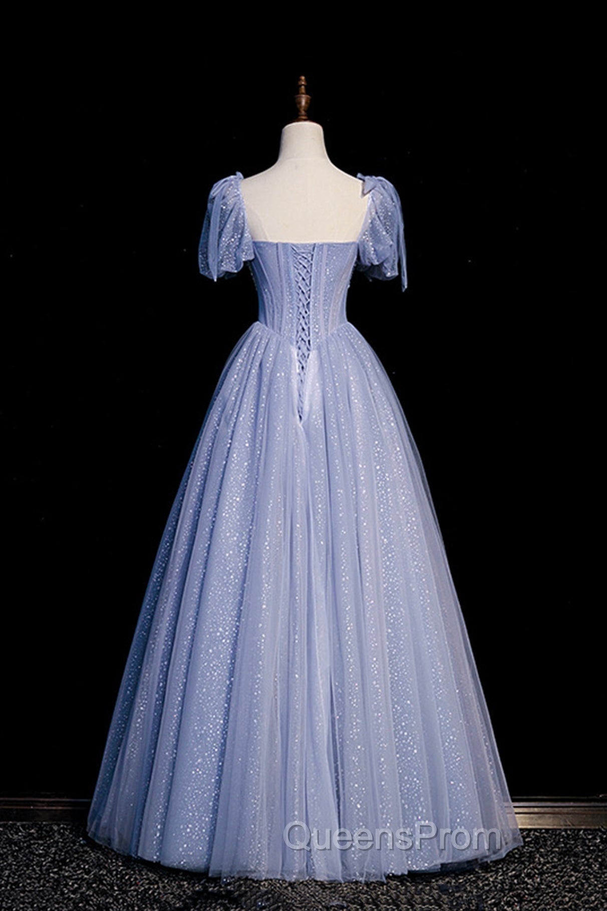 Blue Tulle Beaded Long Evening Prom Dress, A-Line Blue Evening Party Dress