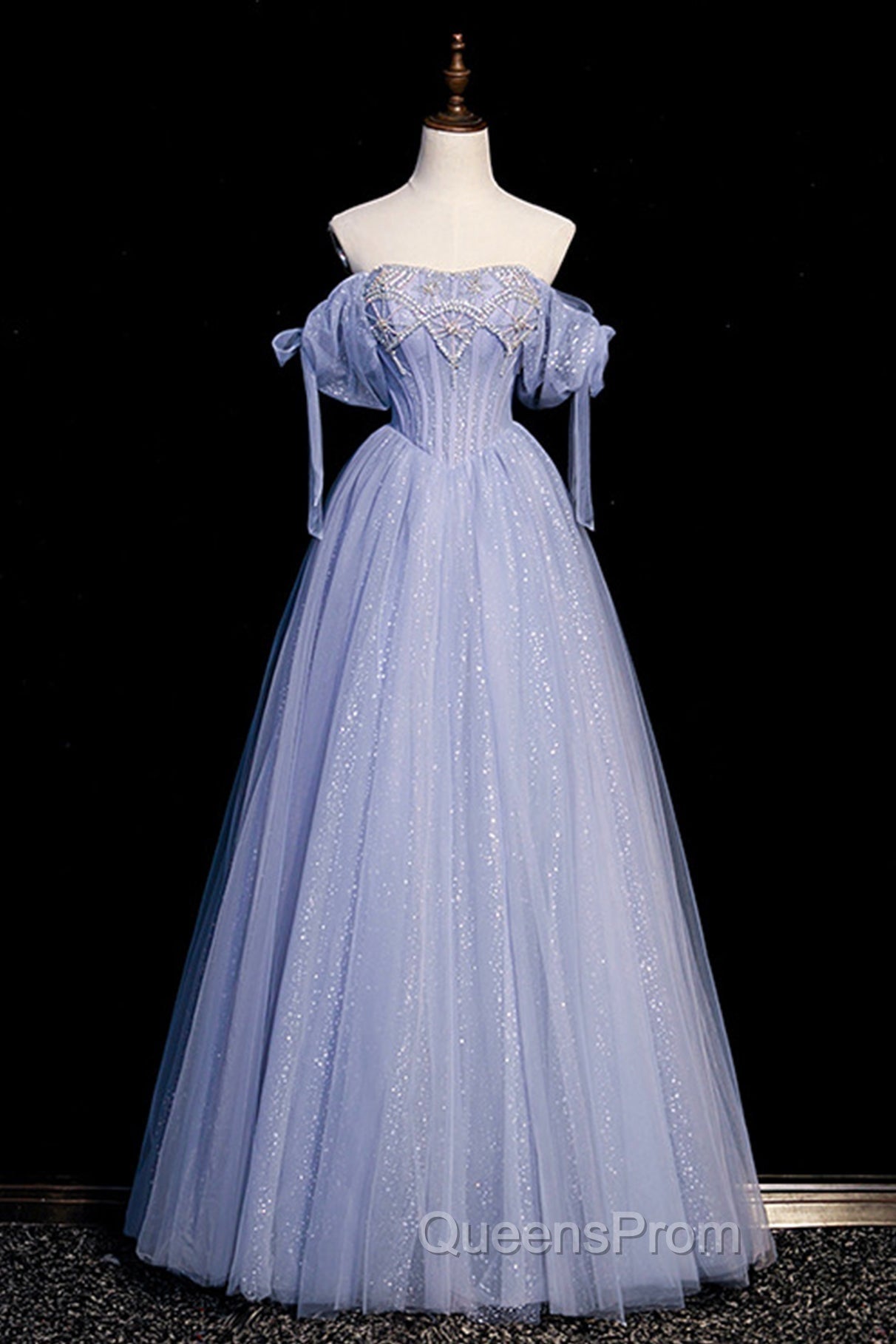 Blue Tulle Beaded Long Evening Prom Dress, A-Line Blue Evening Party Dress Secondary image