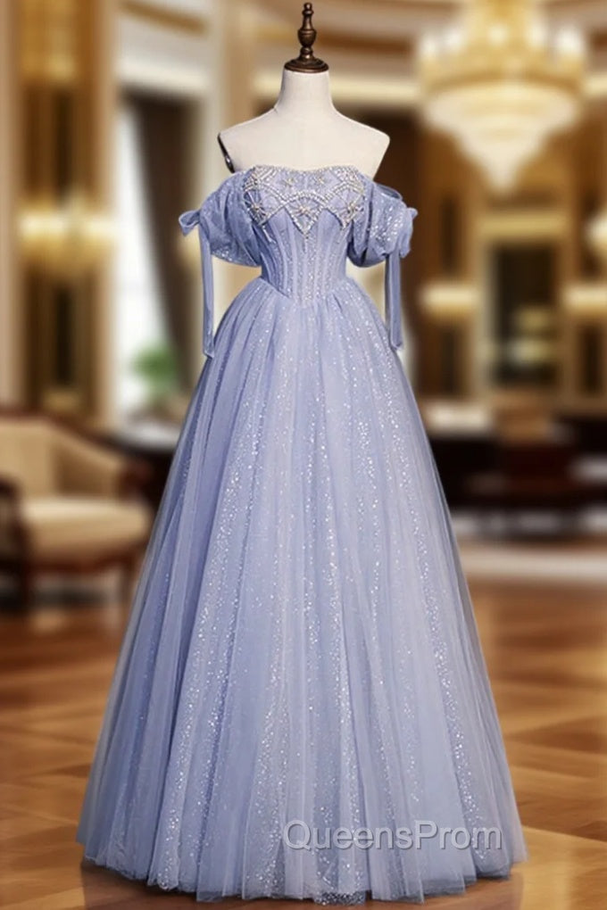 Blue Tulle Beaded Long Evening Prom Dress, A-Line Blue Evening Party Dress