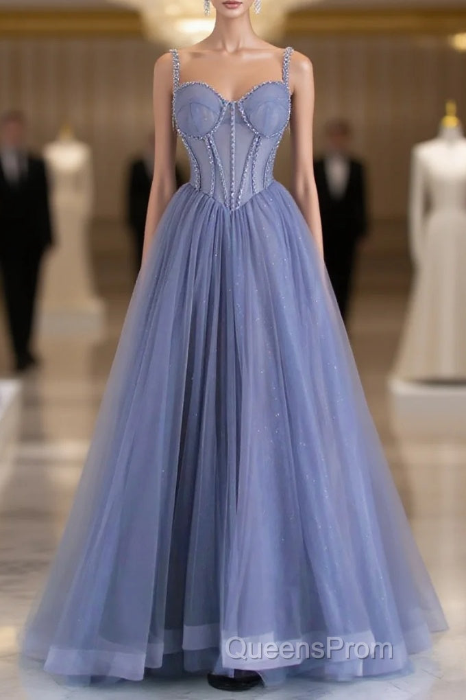 Blue Tulle Beaded Long Evening Prom Dress, Beautiful Spaghetti Strap A-Line Evening Party Dress Main image