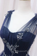 Blue Tulle Beaded Long Evening Prom Dress, Blue A-Line Evening Party Dress