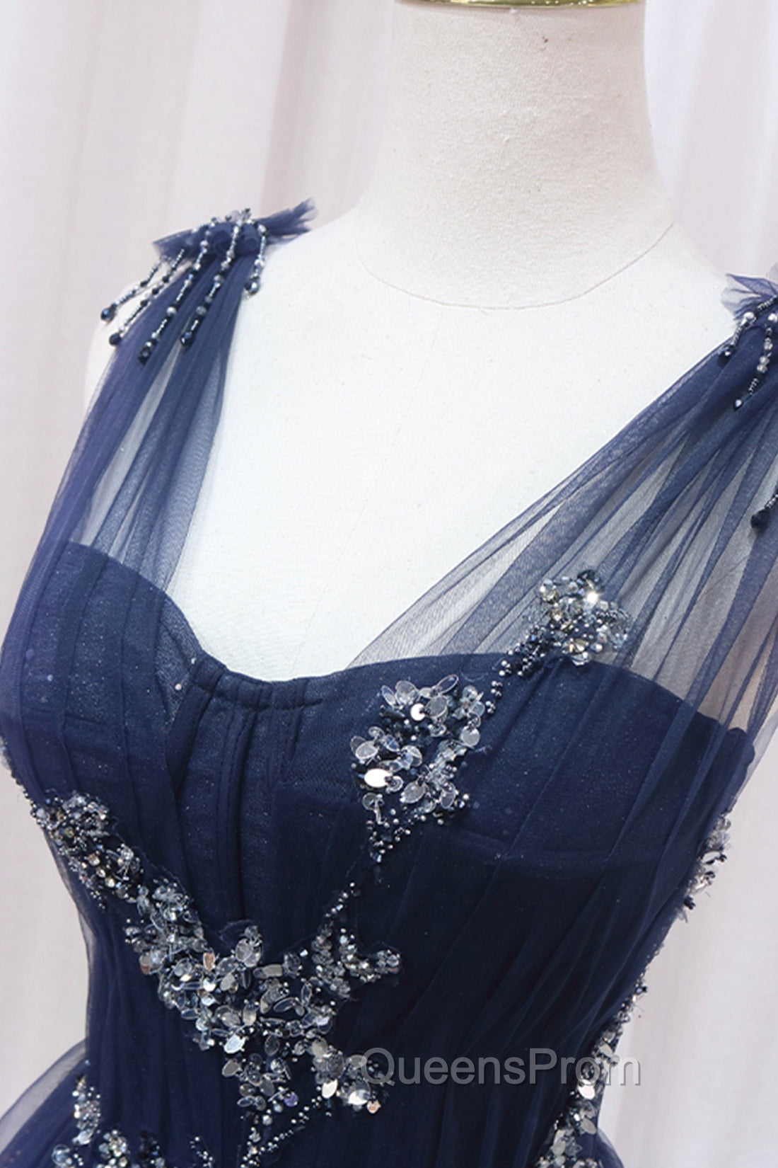 Blue Tulle Beaded Long Evening Prom Dress, Blue A-Line Evening Party Dress