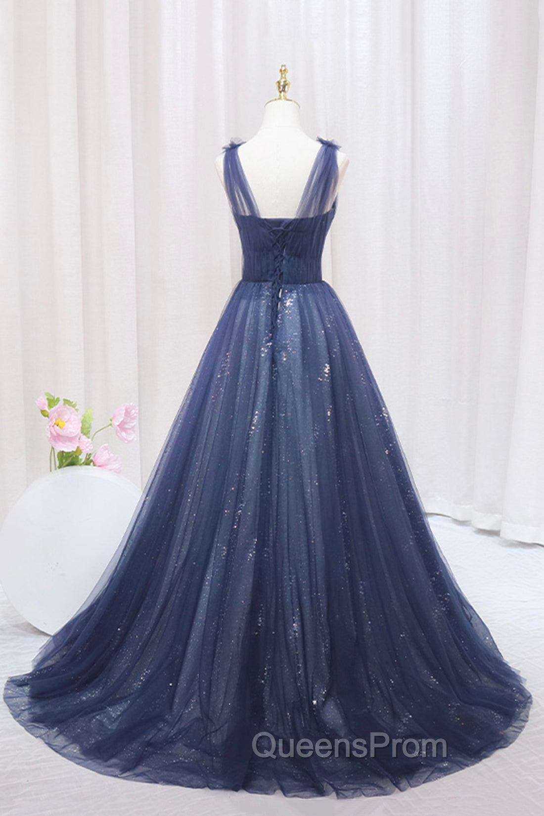 Blue Tulle Beaded Long Evening Prom Dress, Blue A-Line Evening Party Dress