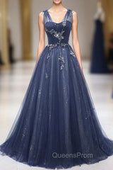 Blue Tulle Beaded Long Evening Prom Dress, Blue A-Line Evening Party Dress