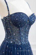 Blue Tulle Beaded Long Evening Prom Dress Evening Dress