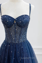 Blue Tulle Beaded Long Evening Prom Dress Evening Dress