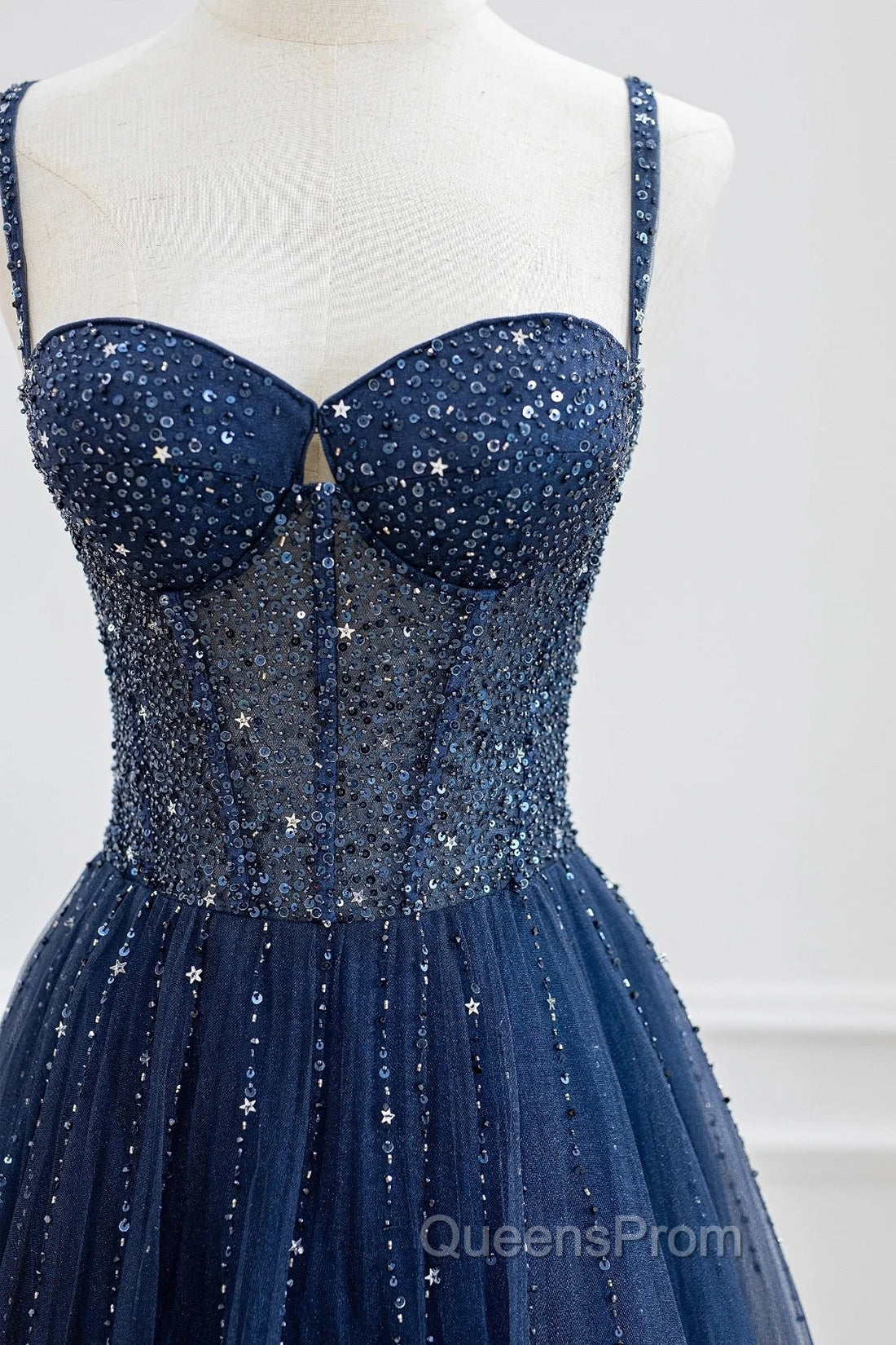 Blue Tulle Beaded Long Evening Prom Dress Evening Dress