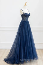 Blue Tulle Beaded Long Evening Prom Dress Evening Dress