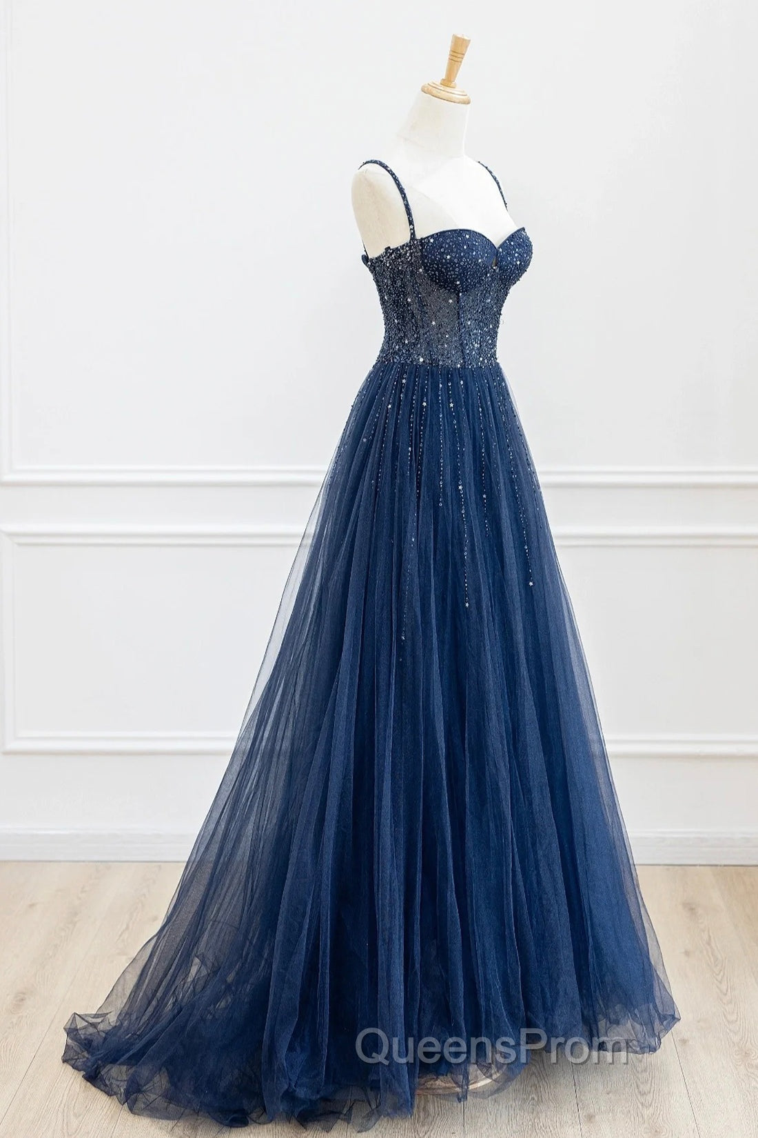 Blue Tulle Beaded Long Evening Prom Dress Evening Dress