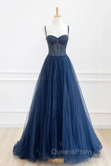 Blue Tulle Beaded Long Evening Prom Dress Evening Dress, Blue Evening Dress