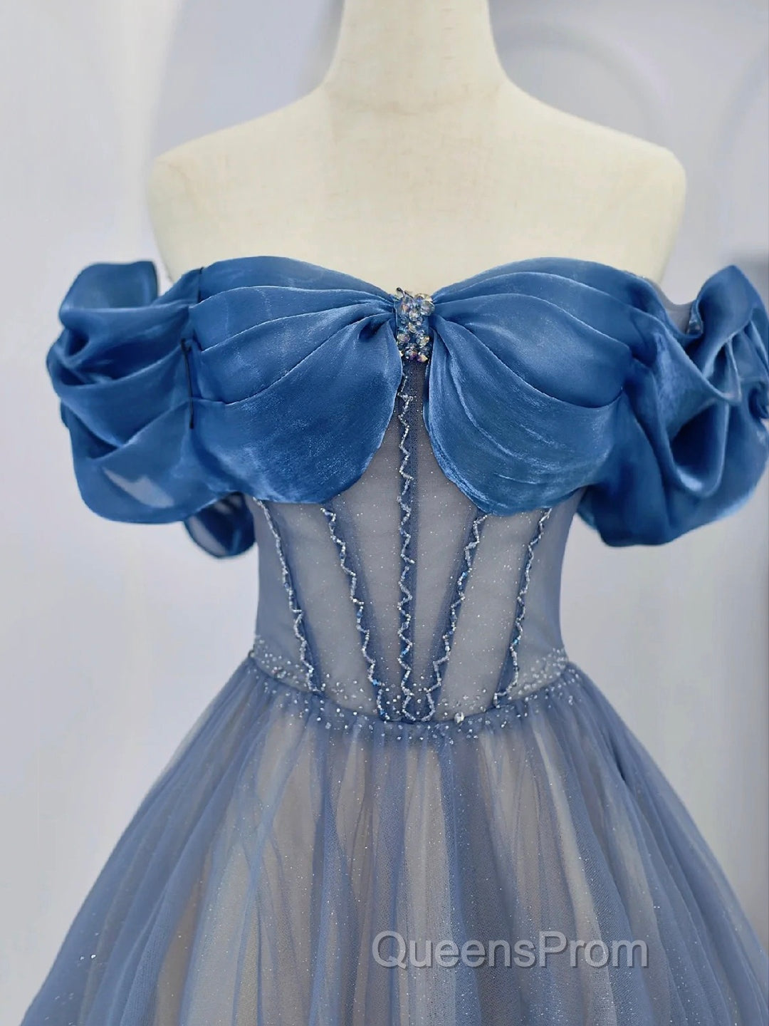 Blue Tulle Beaded Long Evening Prom Dress, Off The Shoulder Evening Party Dress Secondary image