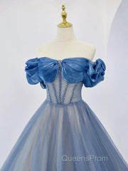 Blue Tulle Beaded Long Evening Prom Dress, Off The Shoulder Evening Party Dress