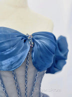 Blue Tulle Beaded Long Evening Prom Dress, Off The Shoulder Evening Party Dress